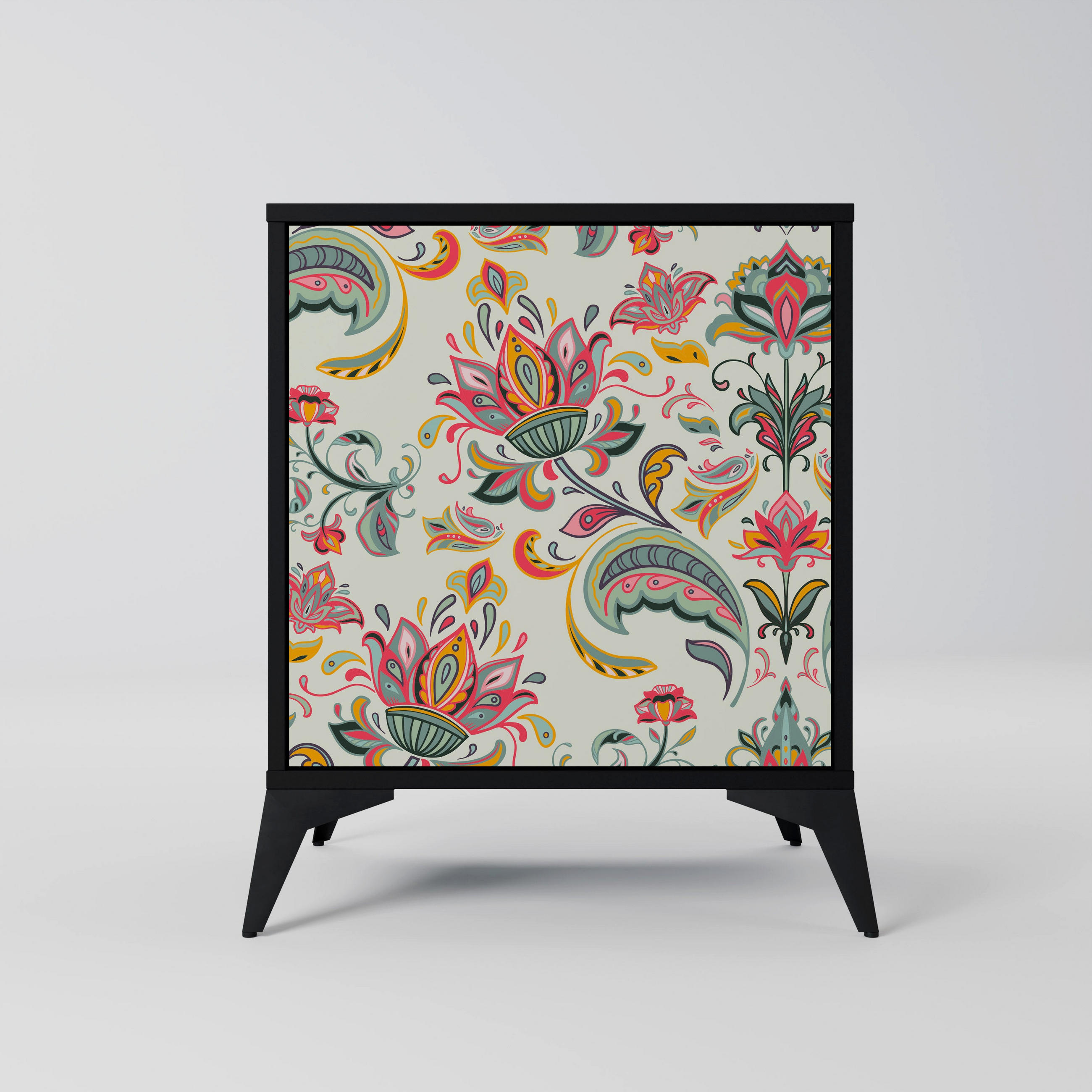SIDEBOARD ORGANIC FOLKLORE, Schwarz, 57,5x42x70,5 cm, Schwarze Metall-Sternfüße - Multicolor/Schwarz, Holzwerkstoff/Metall (57.5/70.5/42cm) - SpaceRebels
