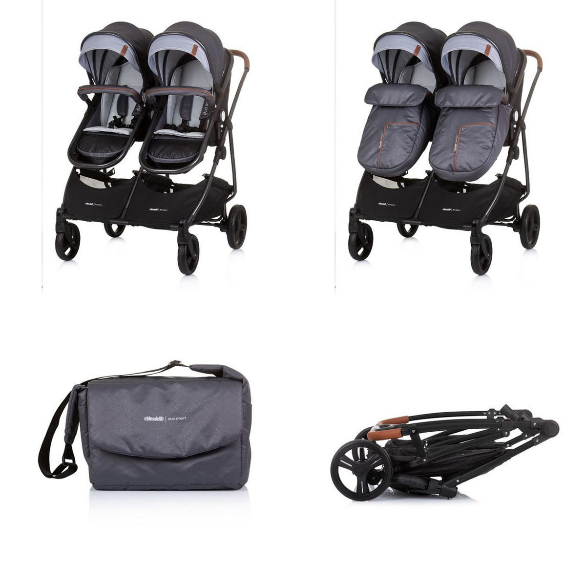 GESCHWISTERKINDERWAGEN Duo Smart grau hellgrau klappbar, umbaubar, verstellbar, Fußsack - Grau, Metall (80/75/104cm) - Chipolino