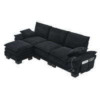 ECKSOFA aus Cord 260x132x84 cm in Schwarz mit Hocker & USB-C - Schwarz, Textil (132/260cm) - Modfu