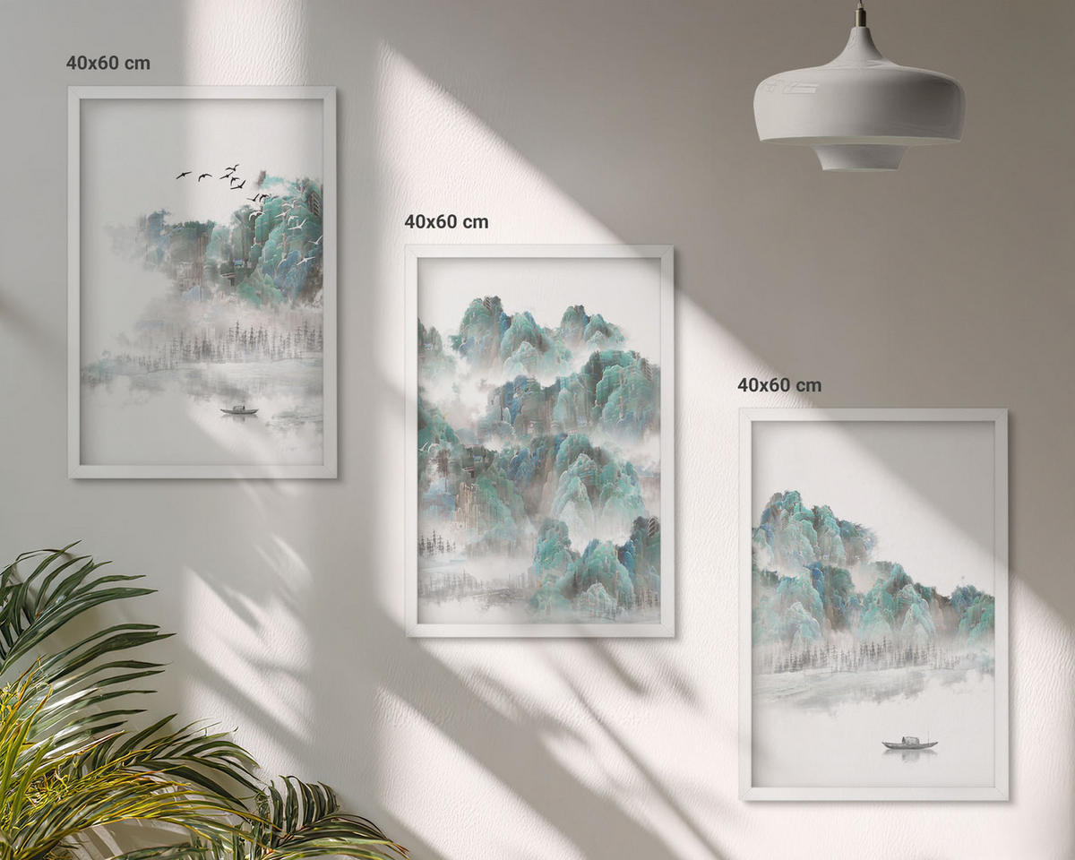 WANDBILDER 3er-Set - 40x60 cm Weißer Rahmen - Berge, Wolken, Vögel, Boot, Japandi - Weiß, Kunststoff (40/60cm) - ArtPrintCave