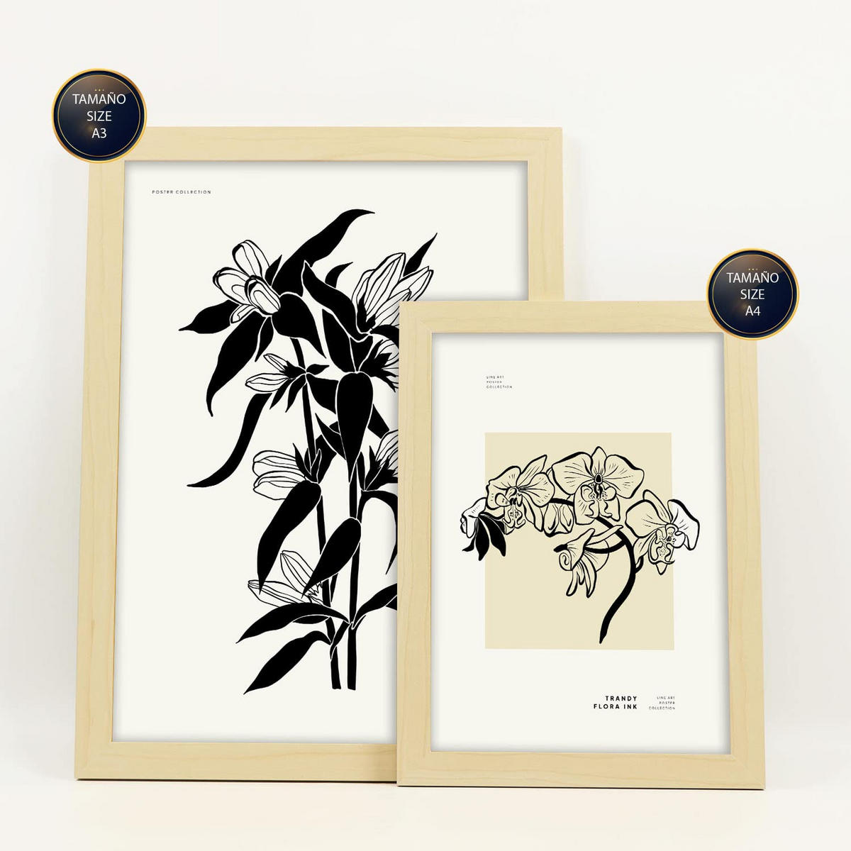 POSTER Set Mit 6 In Schwarzer Tinte Orchideen A3 & A4 Rahmen Aus Hellem Holz - Beige, Papier (29/3cm) - Nacnic