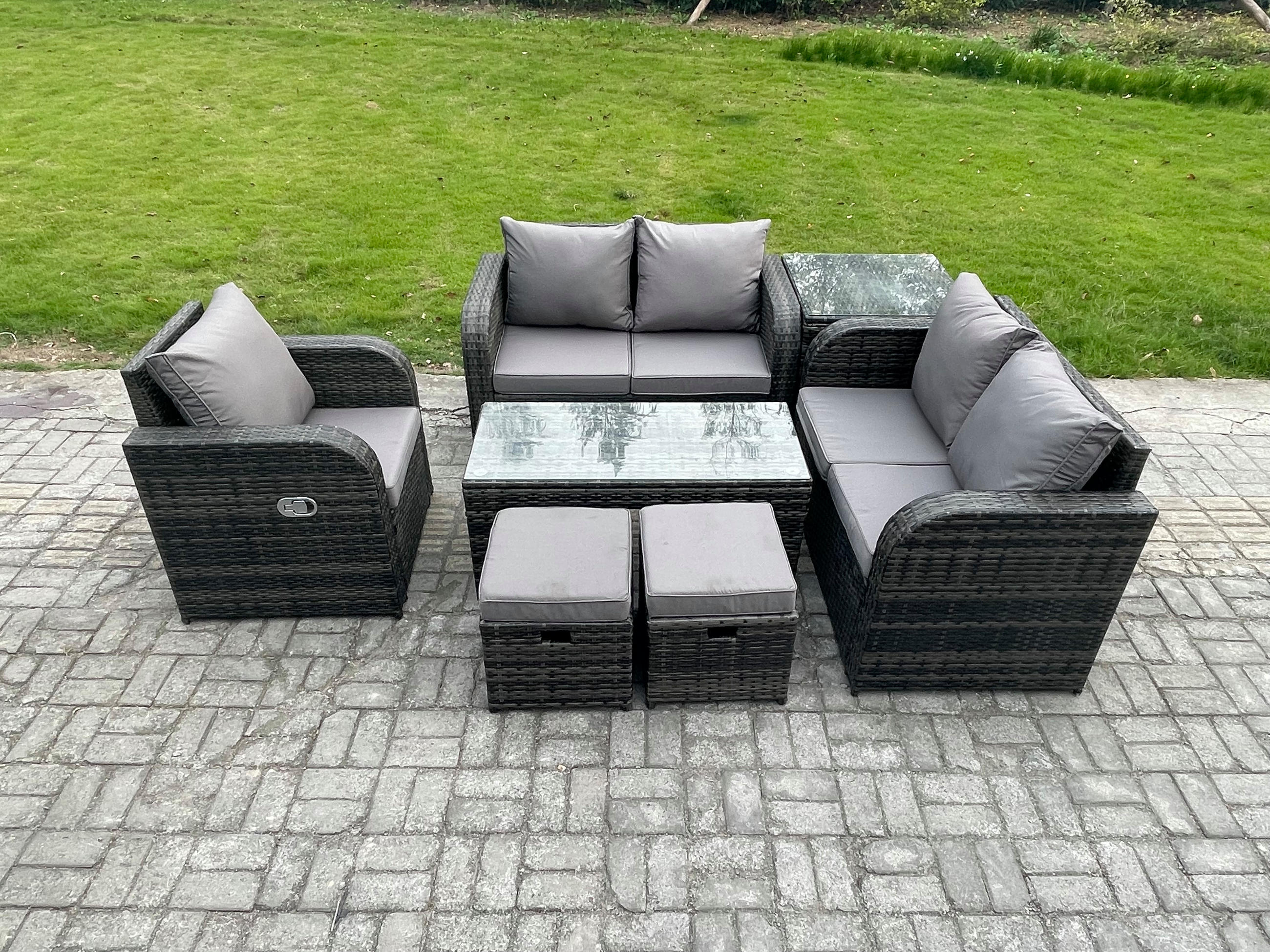 GARTENSOFA SET mit rechteckigem COUCHTISCH Polyrattan 7-Sitzer Dunkelgrau - Dunkelgrau/Grau, Glas/Kunststoff - Fimous