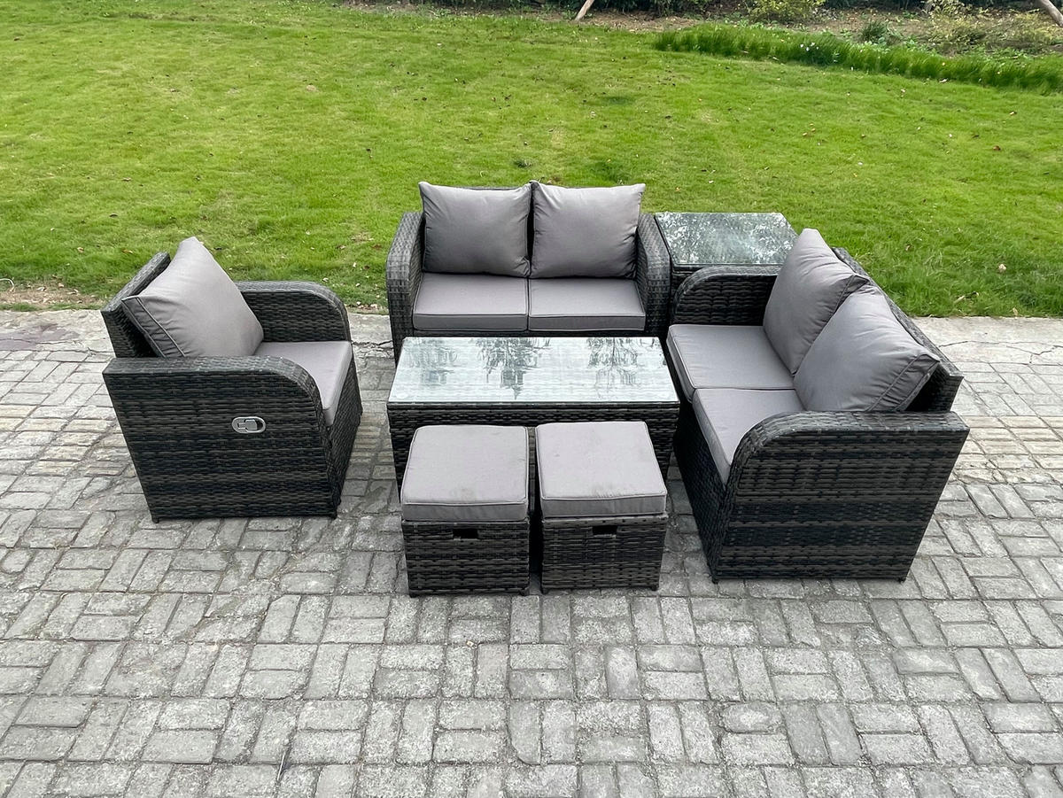 GARTENSOFA SET mit rechteckigem COUCHTISCH Polyrattan 7-Sitzer Dunkelgrau - Dunkelgrau/Grau, Glas/Kunststoff - Fimous