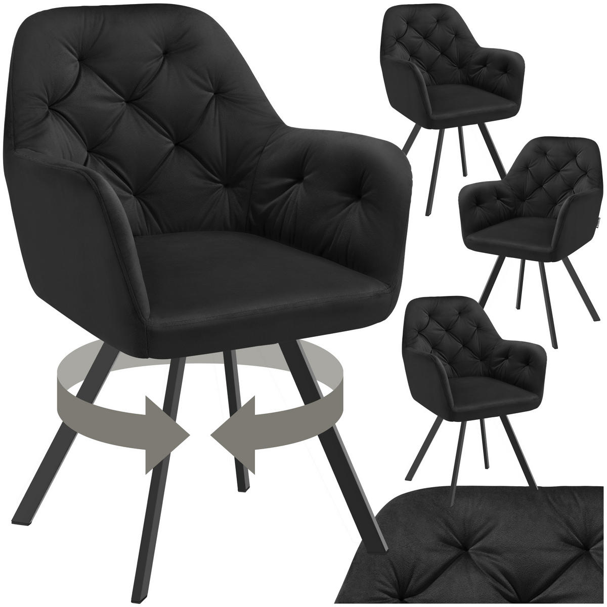 ARMLEHNSTUHL Samt Drehbarer 4er Set Lucia 58 x 58 x 87 cm schwarz - Schwarz, Kunststoff (58/87/58cm) - tectake