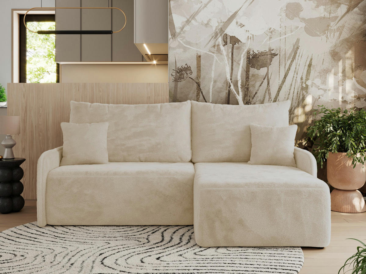 ECKSCHLAFSOFA ARPA L Creme Plüsch - rechts - Creme/Schwarz, Kunststoff/Textil (150/198cm) - MKS