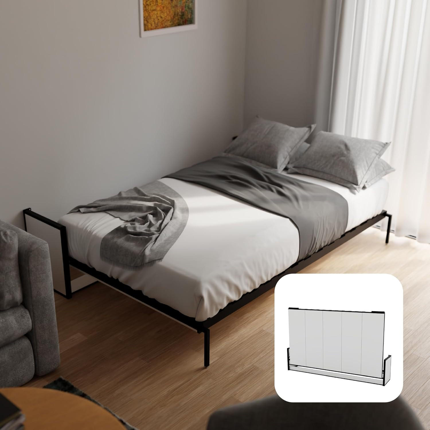 SCHRANKBETT Murphy Studio 200x120 Horizontal, mit Gasdruckfeder-Mechanismus - Brombeere/Schwarz, Metall (200/120cm) - WallBedKing