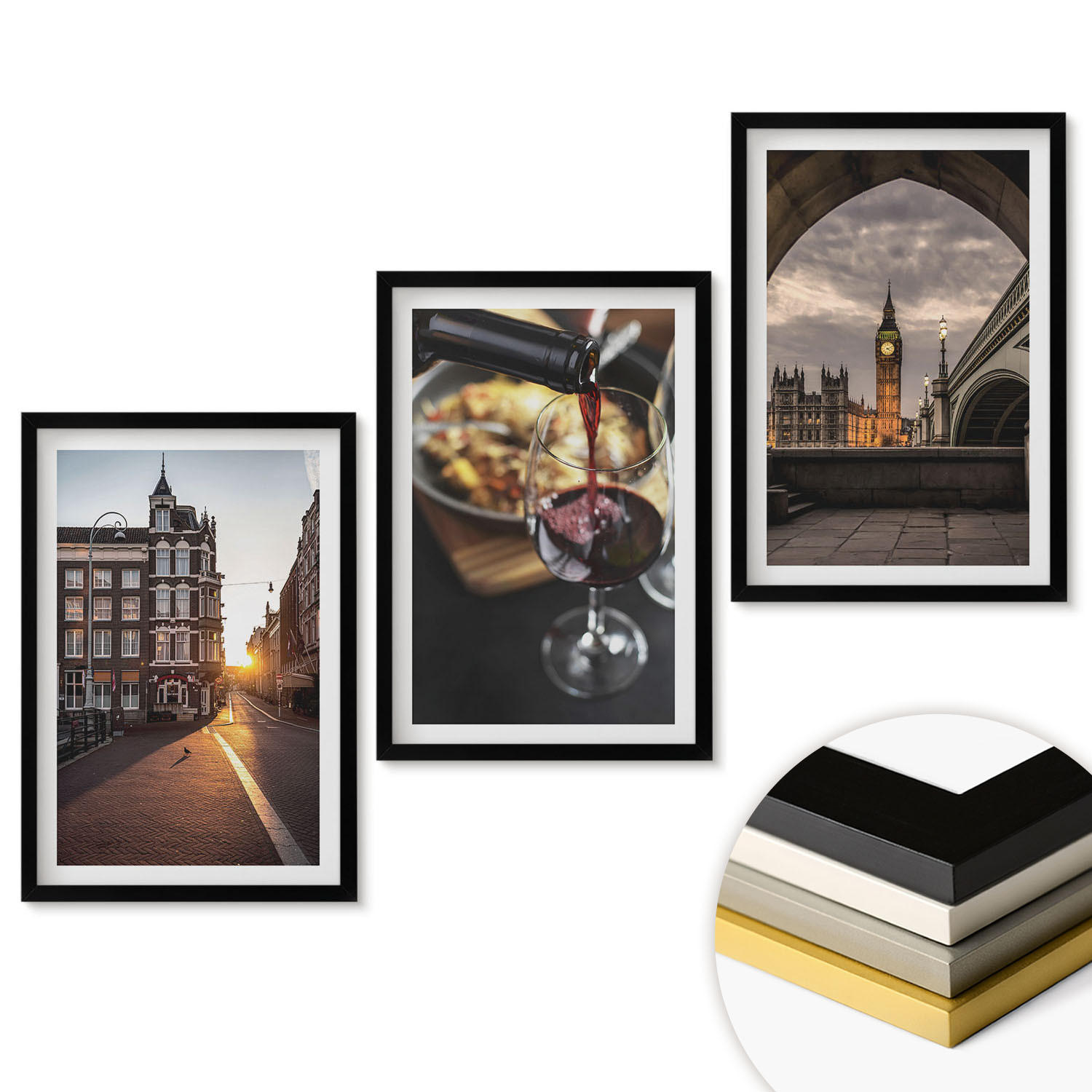 WANDBILDER 3er-Set - 40x60 cm Schwarzer Rahmen - Bilder von Essen in der Stadt London - Schwarz, Kunststoff (40/60cm) - ArtPrintCave
