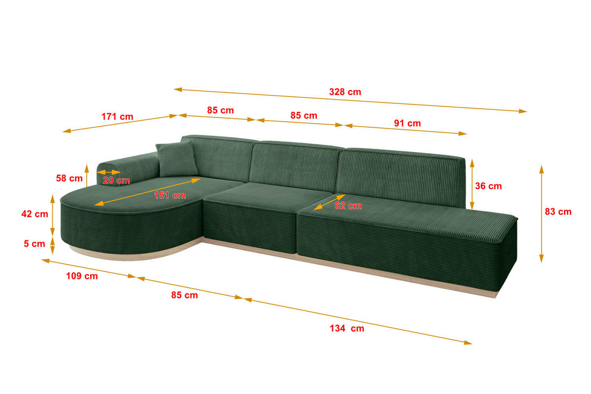 ECKSOFA Ottomane Links ARRIO-L2 - 328x171x83 cm Grün - Grün, Holzwerkstoff/Textil (328/171cm) - ALTDECOR