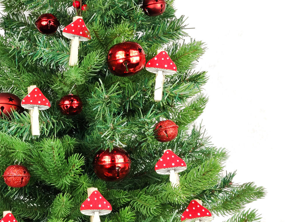 WEIHNACHTSBAUM künstlicher 60 cm mit LED-Beleuchtung, ZAUBERPILZ, mit 36 Weihnachtsbaumschmuck, Pflanztopf mit Jutesack - Rot/Grün, Kunststoff/Stein (40/60cm) - LAALU