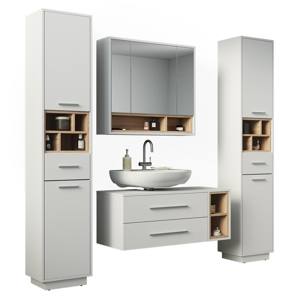 BADMÖBEL-SET Beatrice, Weiß/Sonoma, 4-teilig - Weiß/Sonoma Eiche, Holzwerkstoff (100/40/40cm) - Vicco