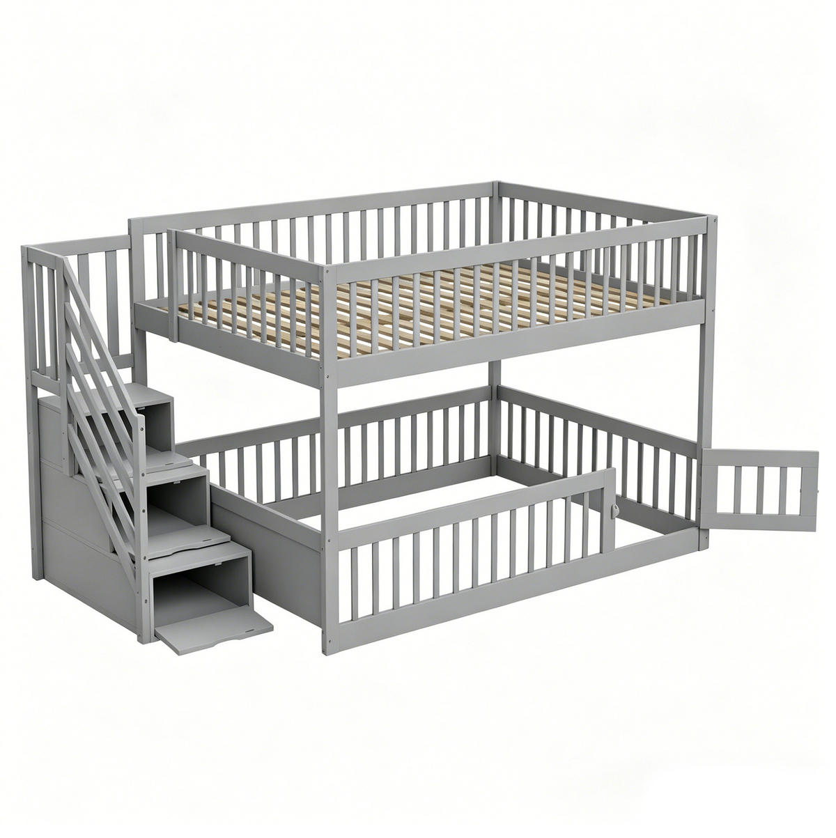 ETAGENBETT 140/200 cm grau aus Massivholz mit Stauraumtreppe - Grau, Holzwerkstoff (140/200cm) - OKWISH