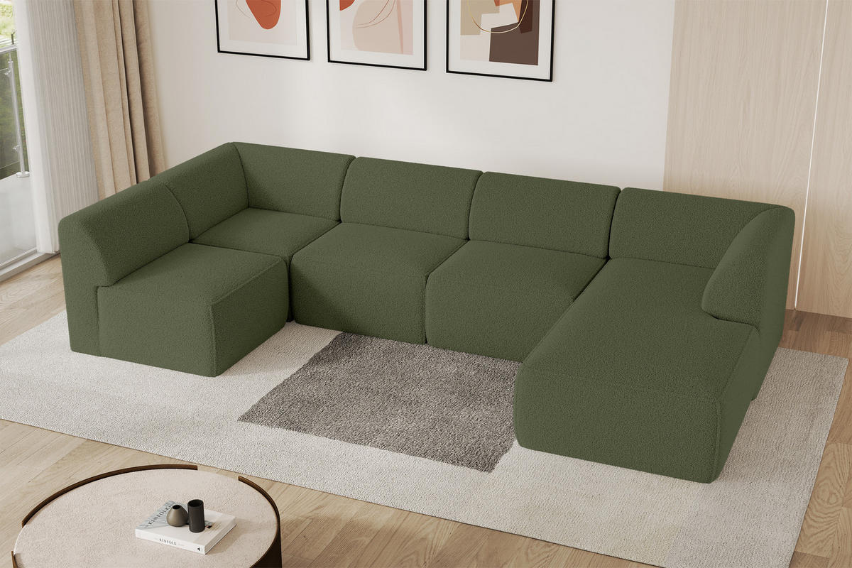 WOHNLANDSCHAFT Ottomane Rechts MOVO-L 345x180x78 cm Grün Bouclé - Dunkelgrün, Holzwerkstoff/Kunststoff (180/78/345cm) - ALTDECOR