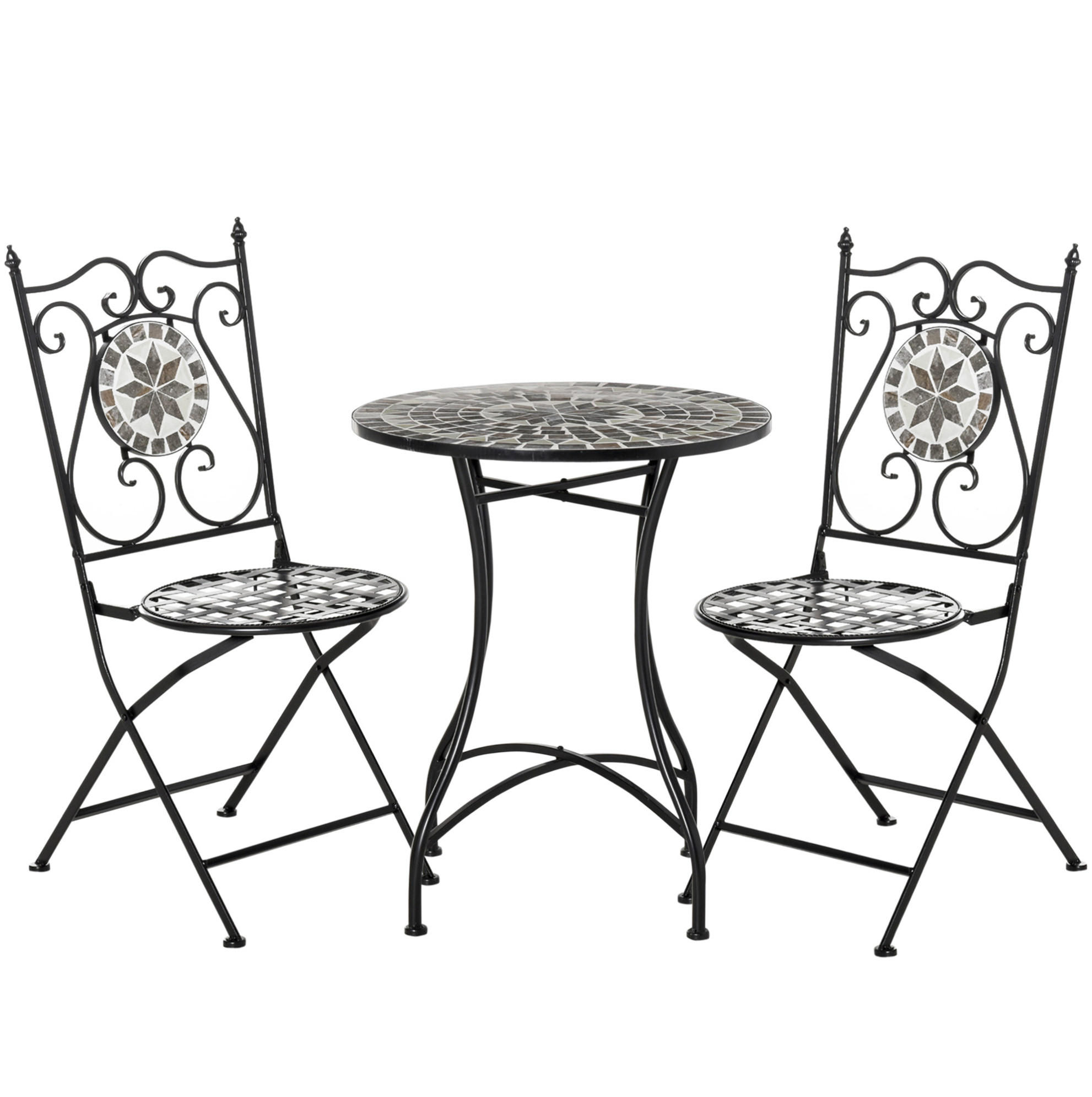 GARTENSET aus Metall, Tisch Ø60x71 cm, Stühle 50x49x95 cm, Grau, mit Klappstühlen und Mosaikdetails - Grau, Metall - Modfu