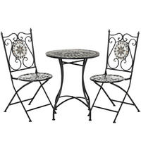 GARTENSET aus Metall, Tisch Ø60x71 cm, Stühle 50x49x95 cm, Grau, mit Klappstühlen und Mosaikdetails - Grau, Metall - Modfu