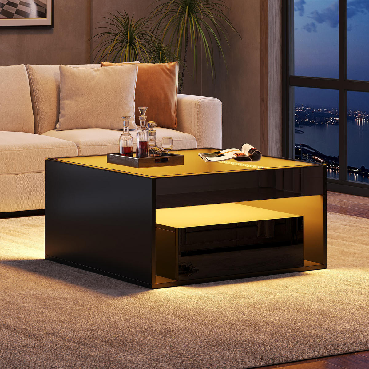 COUCHTISCH 70/70/35 cm Schwarz aus Holzwerkstoff mit LED-Lichtstreifen und 2 Schubladen - Schwarz, Holzwerkstoff (70/70/35cm) - OKWISH