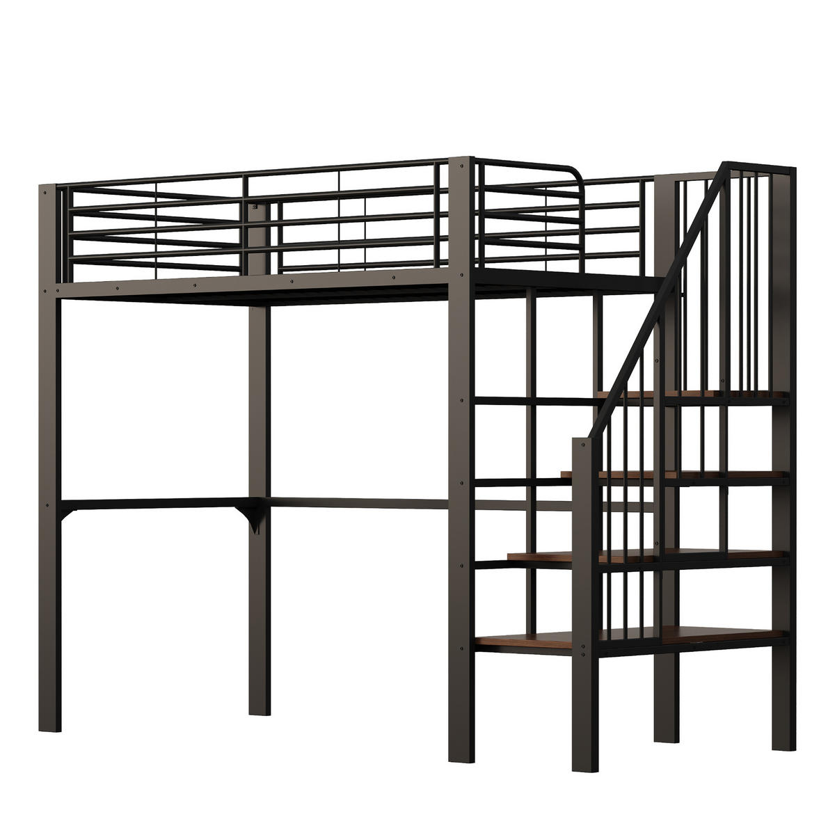 HOCHBETT 90/200 cm Schwarz mit Stauraum und Treppe aus Metall und Holz - Schwarz, Metall (90/200cm) - OKWISH