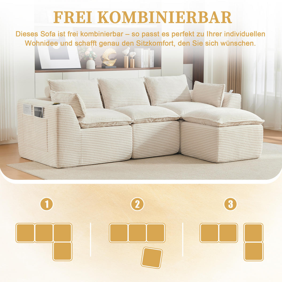 3-SITZER-SOFA aus Chenille, mit Fußhocker und Getränkehalter - Beige, Textil (256/75/161cm) - Urban Meuble