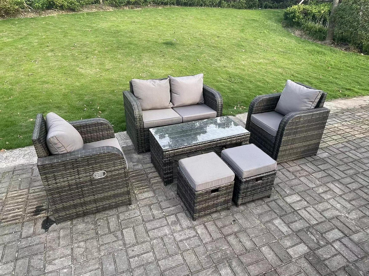GARTENSOFA SET Polyrattan 6-Sitzer - Dunkelgrau/Grau, Glas/Kunststoff - Fimous