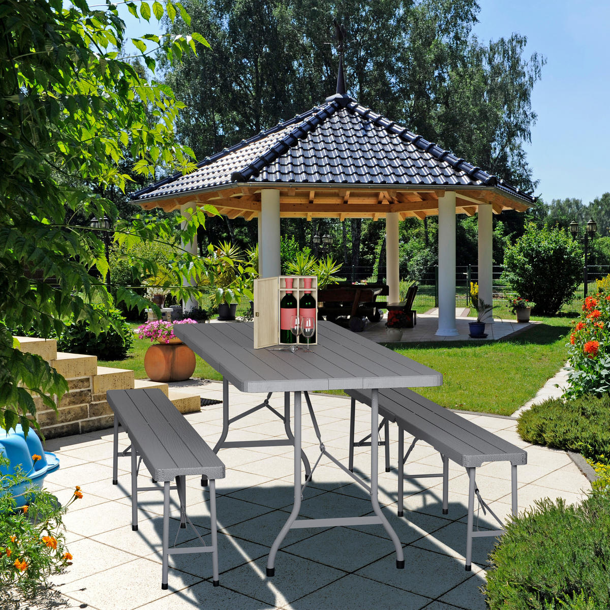 GARTENTISCH - Grau, Kunststoff/Metall (74/180/73cm) - Relaxdays