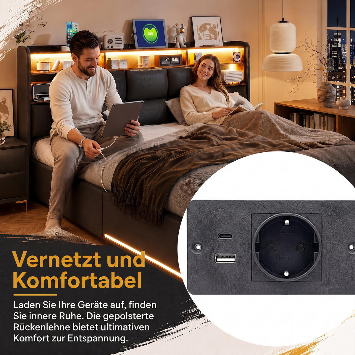 POLSTERBETT 140x200, Doppelbett mit Bettkasten, LED und USB, hydraulischer Stauraum, PU Schwarz - Schwarz, Leder/Holz (140/200cm) - GENKI LIVING