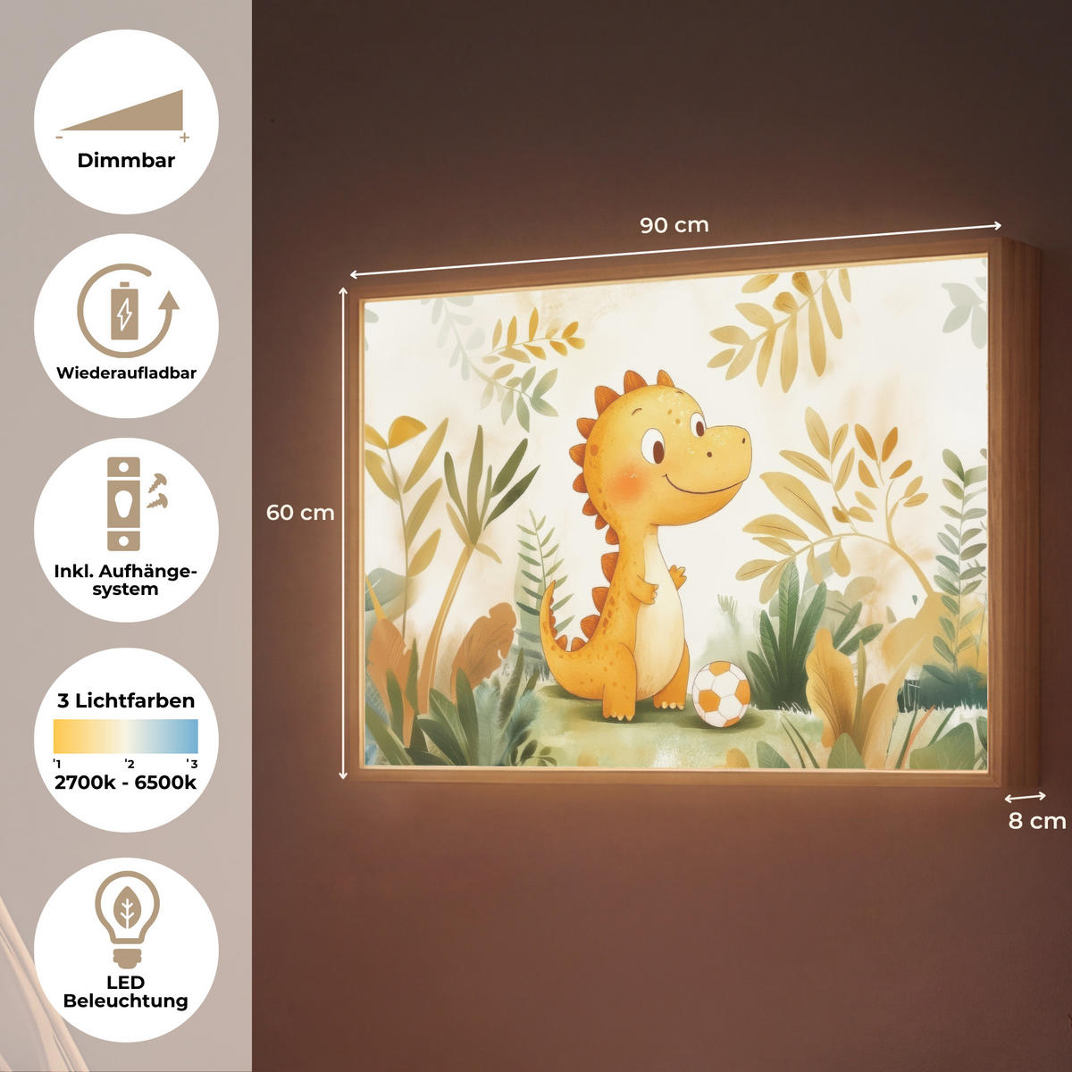 NACHTTISCHLAMPE MIT AKKU Dino - Fußball - Orange 90x60 cm - Beige, Holzwerkstoff (8/90/60cm) - OnlyWow