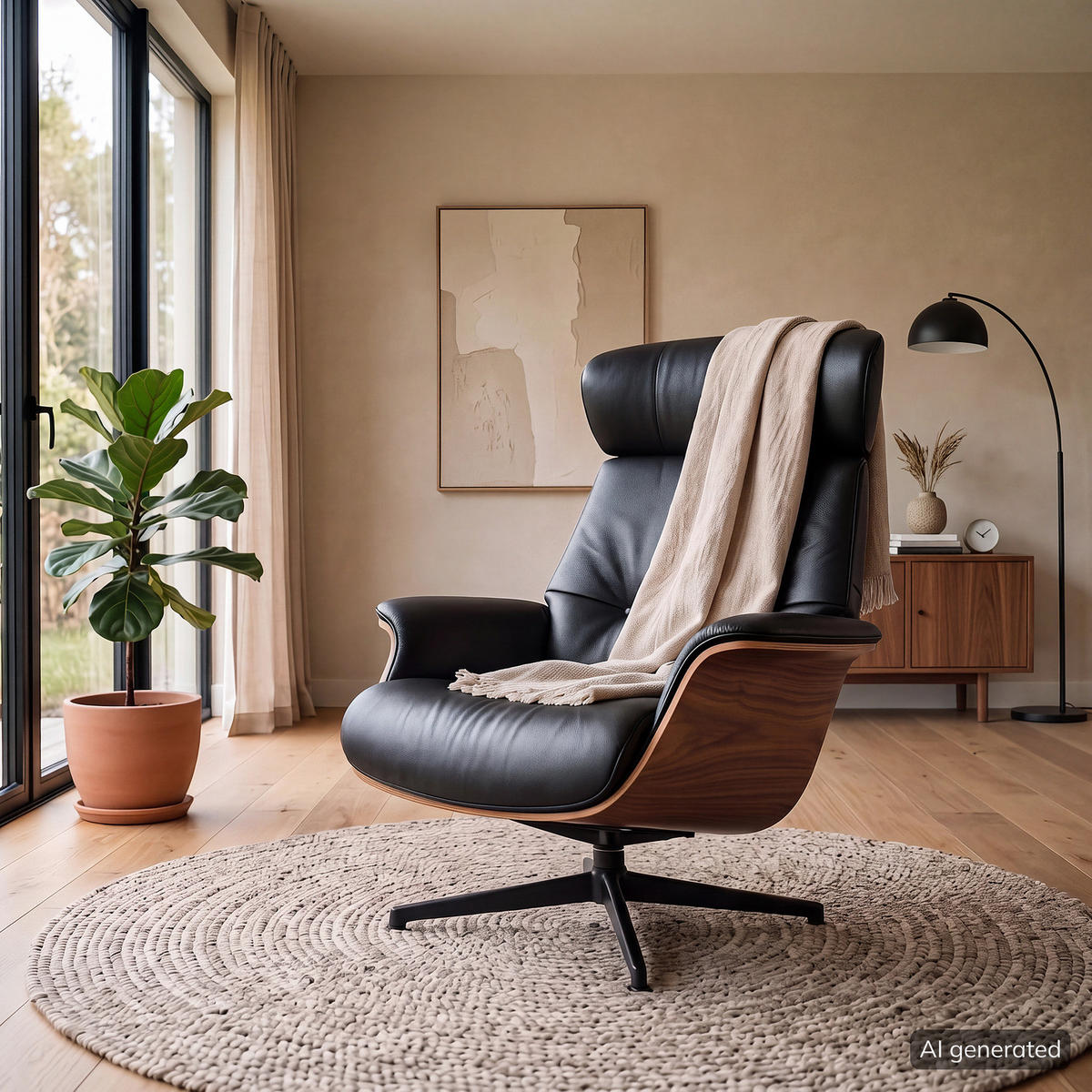 SESSEL - manuell verstellbar - Schwarz, Leder/Holz (83/110/88cm) - home24