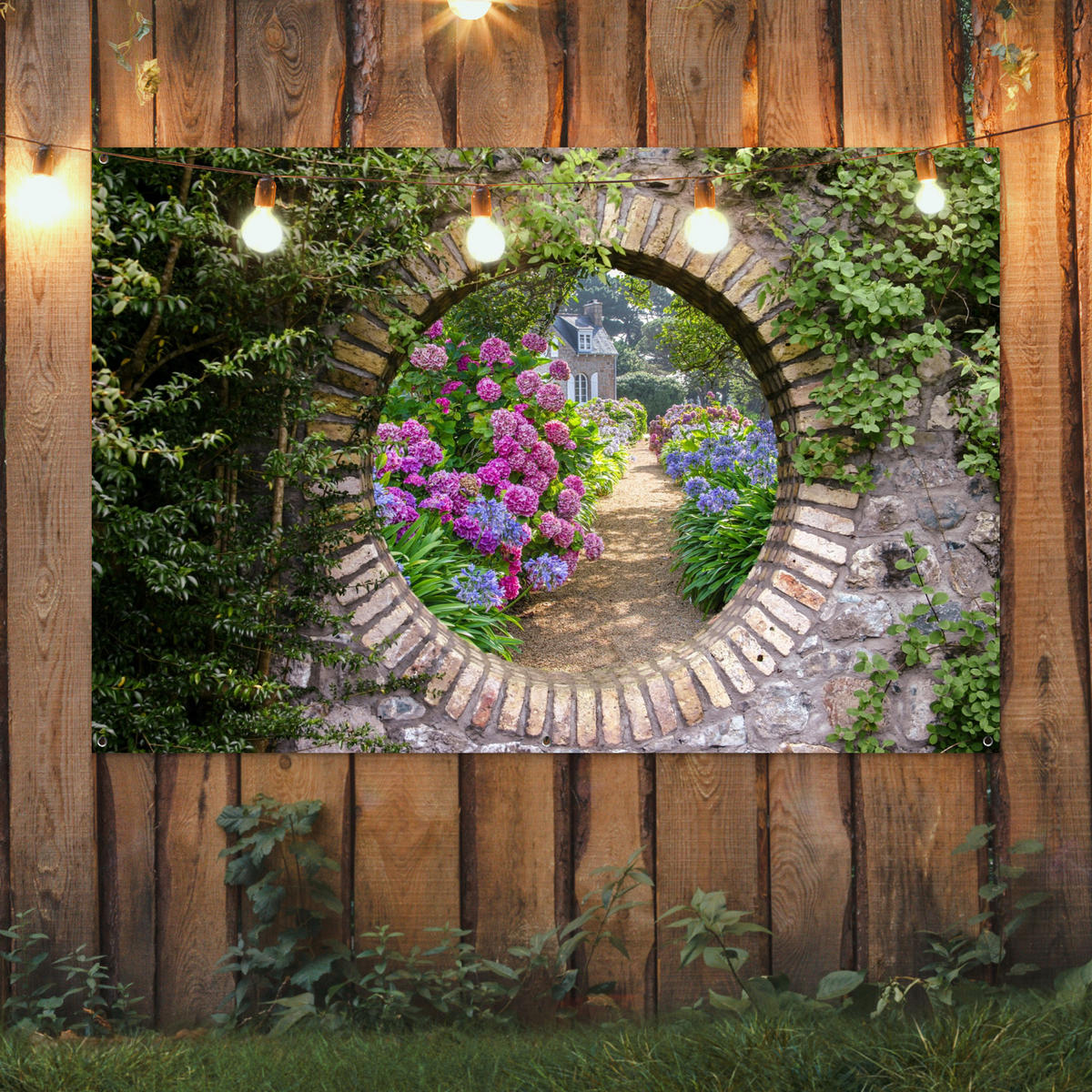 ZAHRADNÍ PLAKÁT Průhled - Květiny - Hortenzie - Léto 180x120 cm - šedohnědá, plast (180/120/0.2cm) - OnlyWow