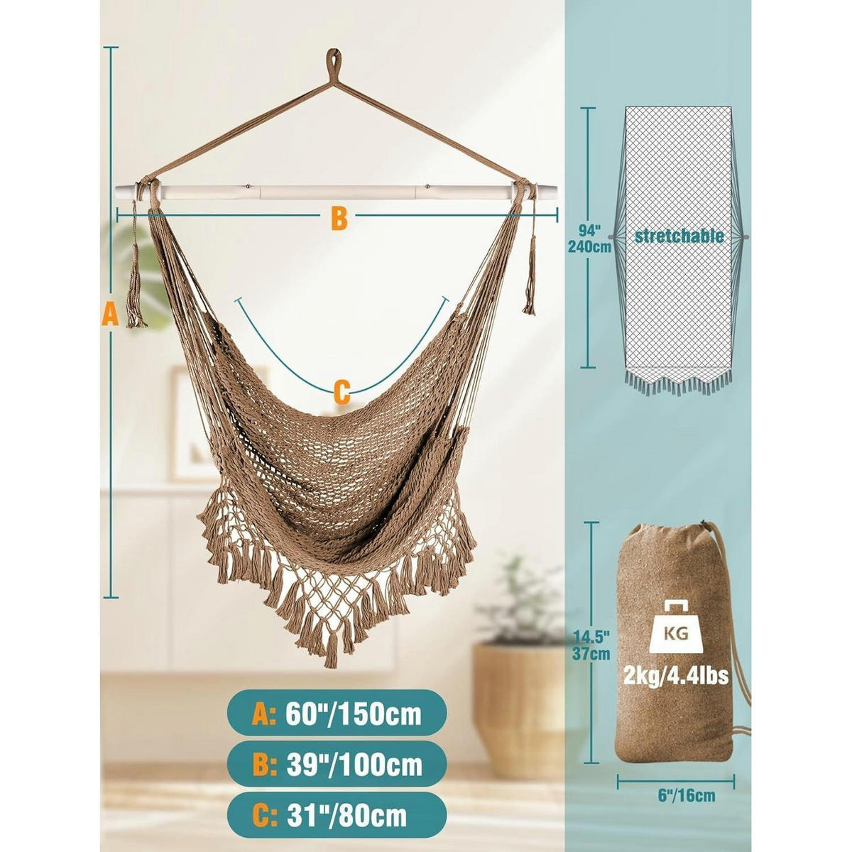 HÄNGESESSEL Baumwolle Braun 240 x 80 cm - Braun, Textil (80/150/240cm)