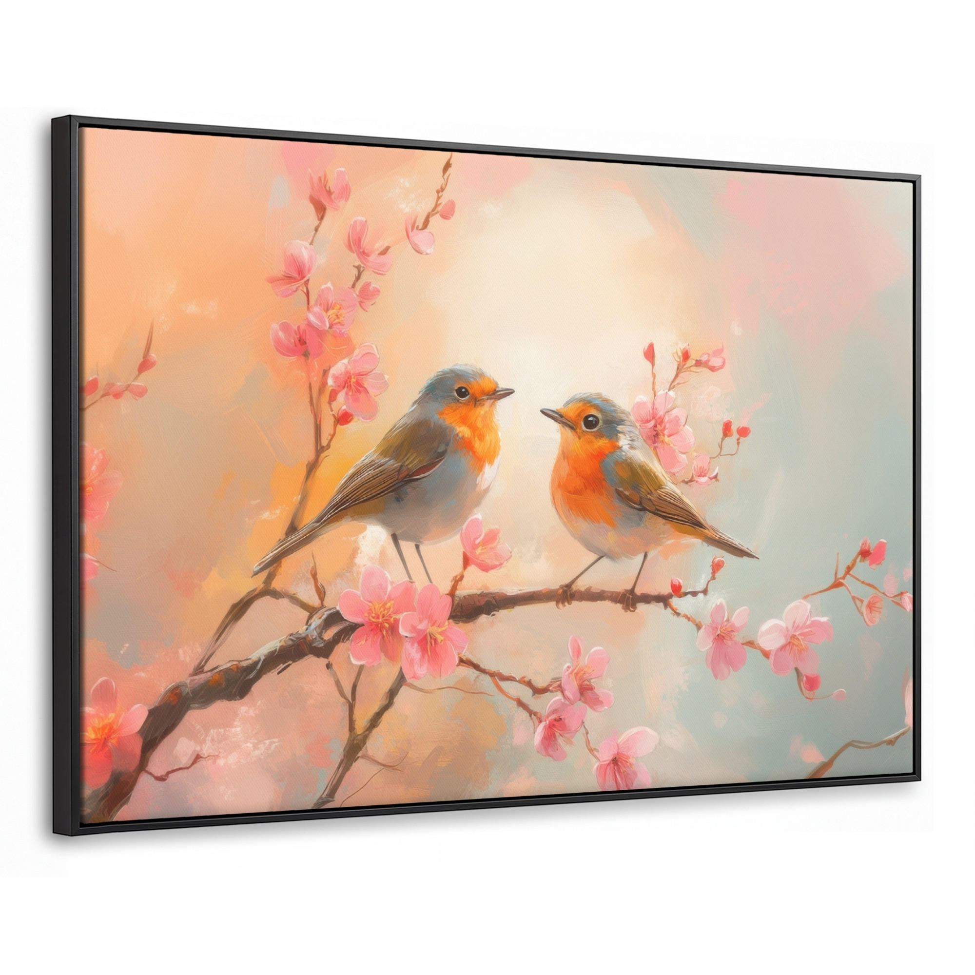 LEINWAND Bilder mit Rahmen - Rotkehlchen - Zierpflanze - Blütenzweig - 90x60 - Hellrosa, Textil (90/60cm) - MuchoWow