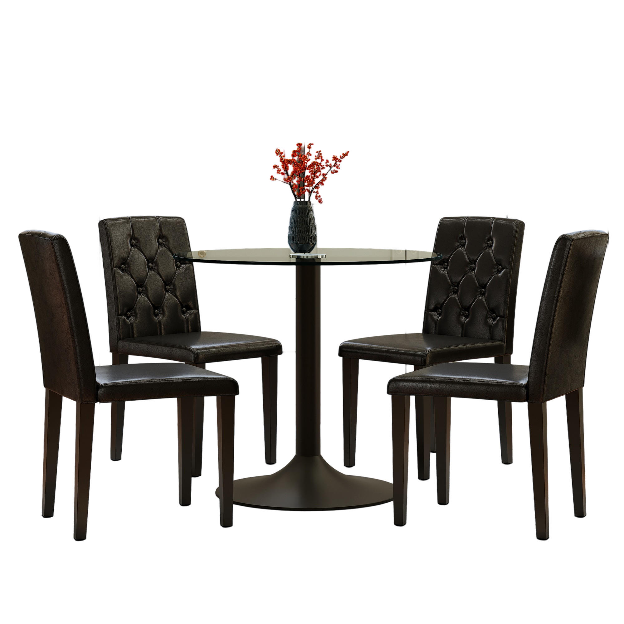 ESSGRUPPE DE-39482 5-teilig, Glastisch und 4 PU-Stühlen mit Knopfverzierung Schwarz - Schwarz, Metall (85/75/85cm) - ComfortXL