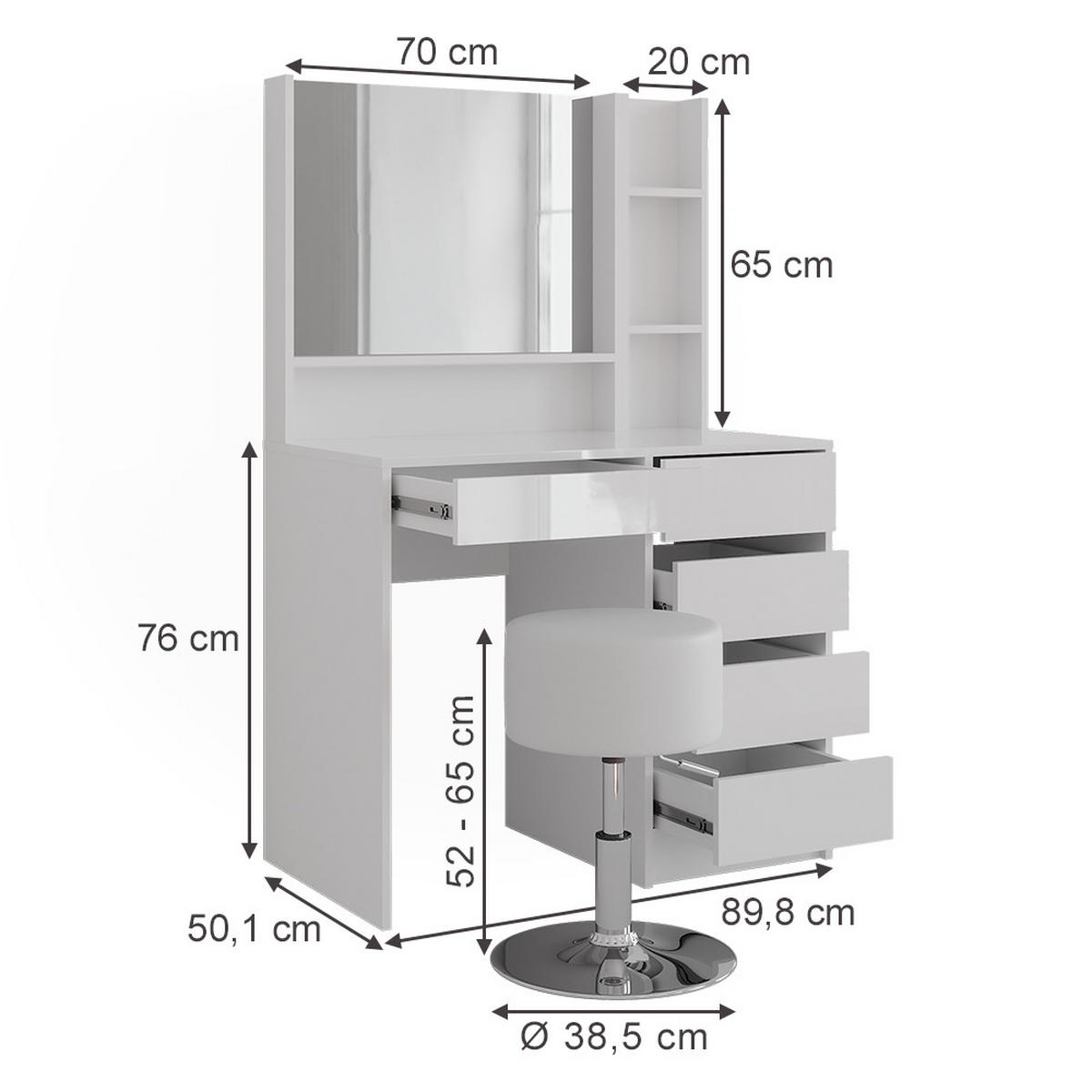 SCHMINKTISCH Sherry Weiß/Weiß Hochglanz 89.8 cm 4 Teile - Weiß Hochglanz, Holzwerkstoff (50.1cm) - Vicco