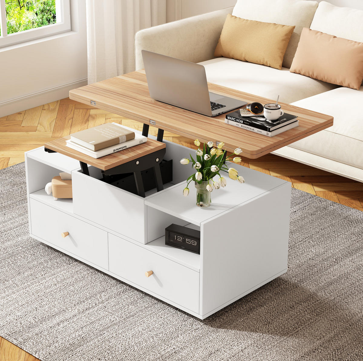COUCHTISCH 100/50/47,5 cm höhenverstellbar mit Klappfunktion und 4 Schubladen - Naturfarben, Holzwerkstoff (100/50/47.5cm) - Flora Grace