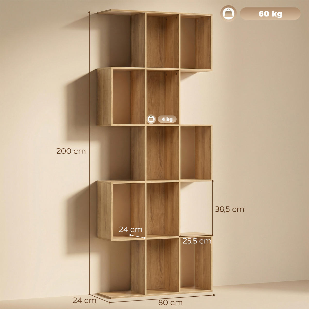 REGAL DE-15564 80/24/200 cm, S-Form mit 15 Fächern Eiche - Eichefarben, Holzwerkstoff (80/200/24cm) - ComfortXL
