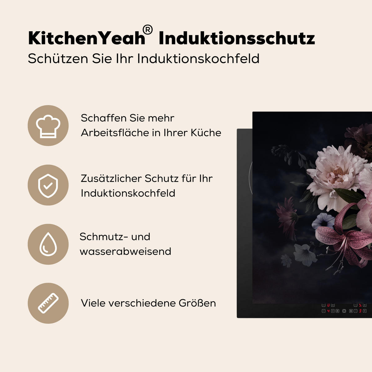 HERDABDECKPLATTE Blumen - Vintage - Pastell - Rosa - Weiß 85x52 cm - Altrosa, Kunststoff (85/0.2/52cm) - MuchoWow