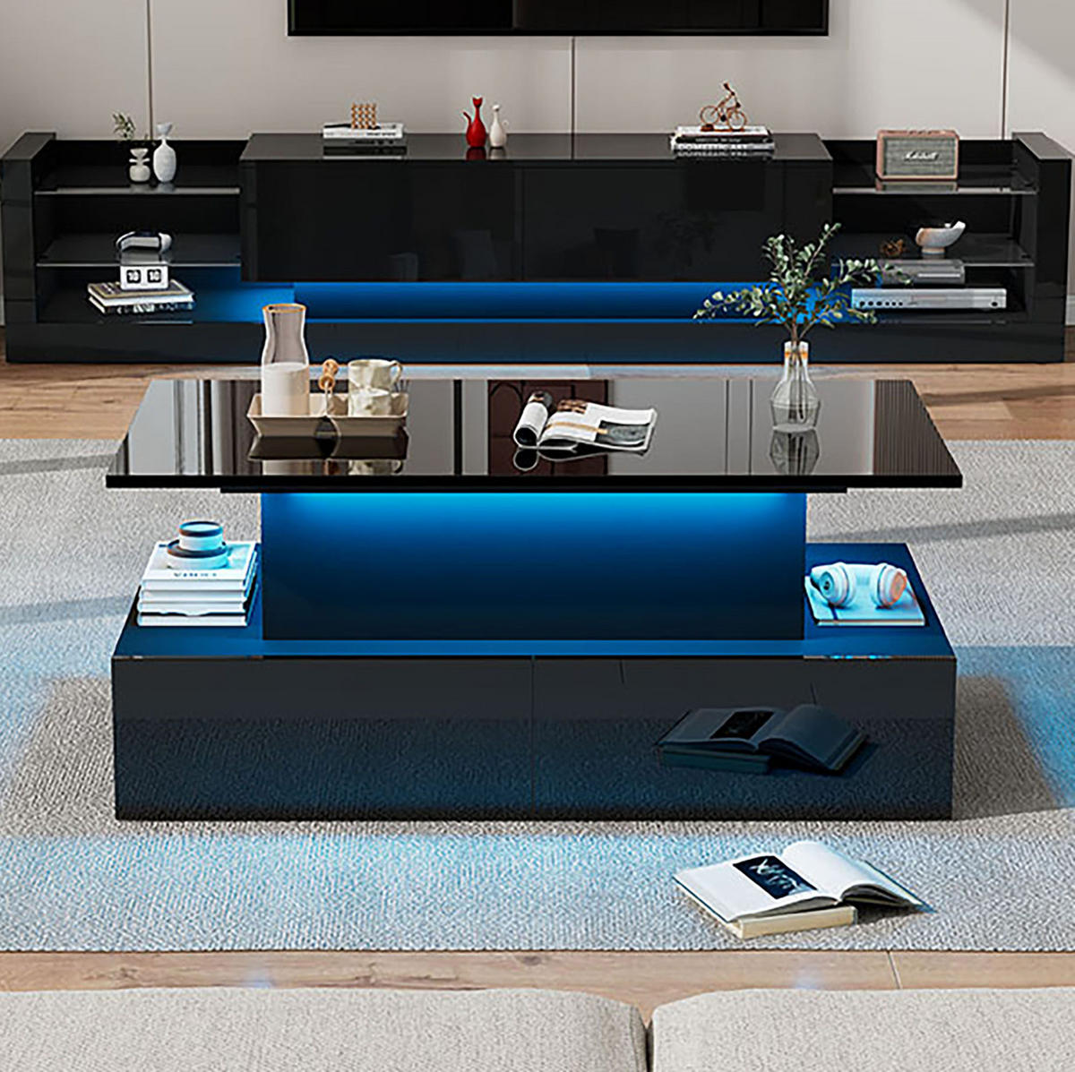 COUCHTISCH mit LED und 4 Schubladen 90 x 55 x 41 cm Schwarz Hochglanz - Schwarz, Holzwerkstoff (90/55/41cm) - Meubliv