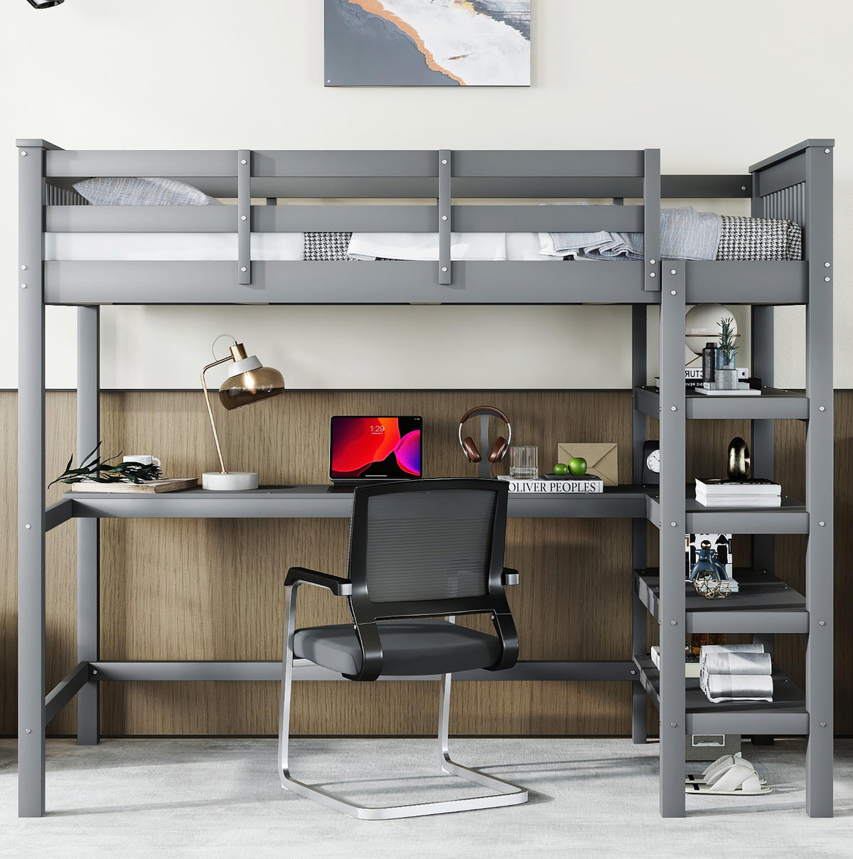 HOCHBETT 90/200 cm in Grau – mit Schreibtisch, Regalfächern und Rausfallschutz - Grau, Holzwerkstoff (90/200cm) - BEAOK