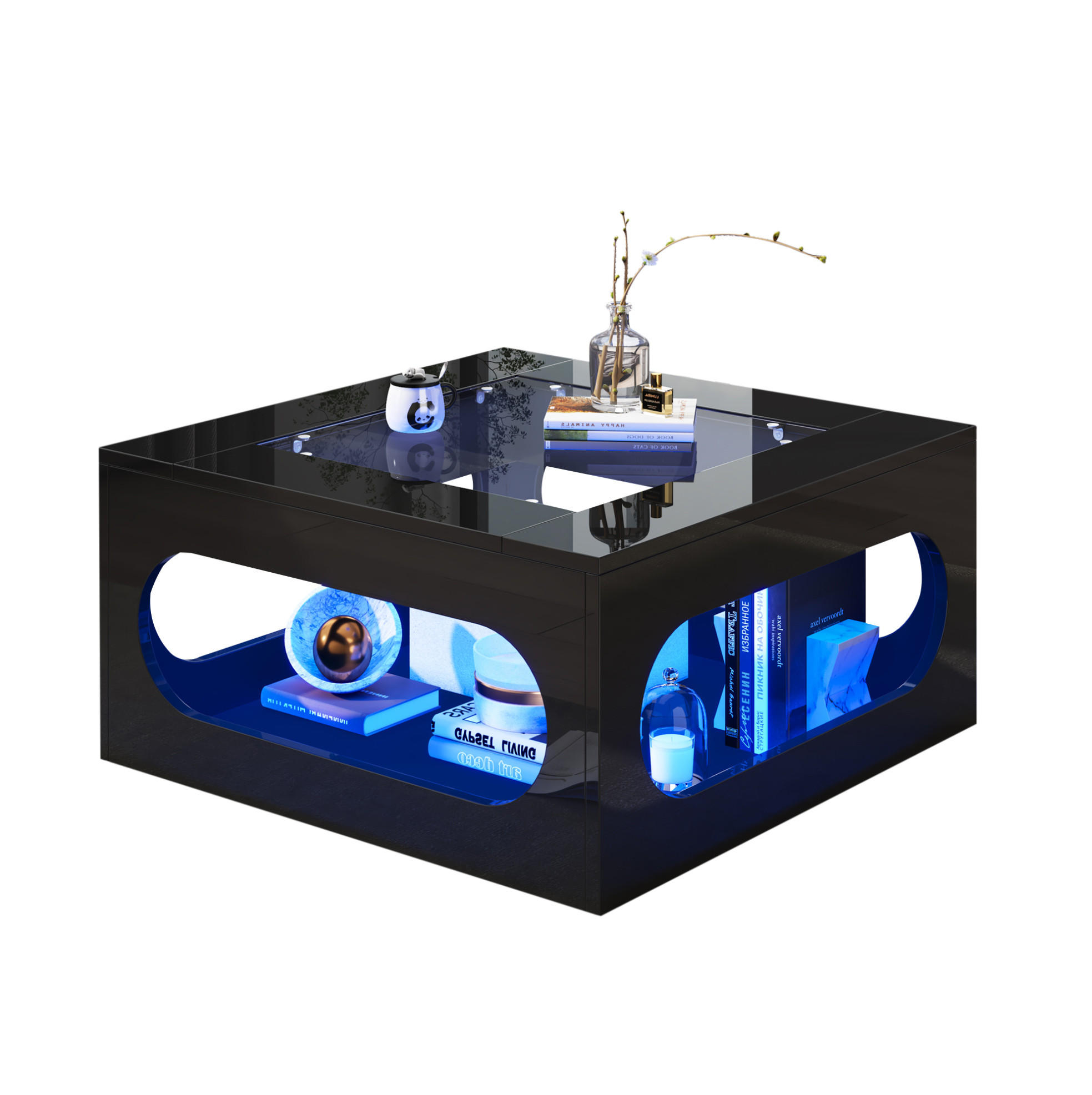 Modfu KONFERENČNÍ stolek z MDF a tvrzeného skla 70x70x35 cm černý s LED osvětlením, ovládáním aplikací
