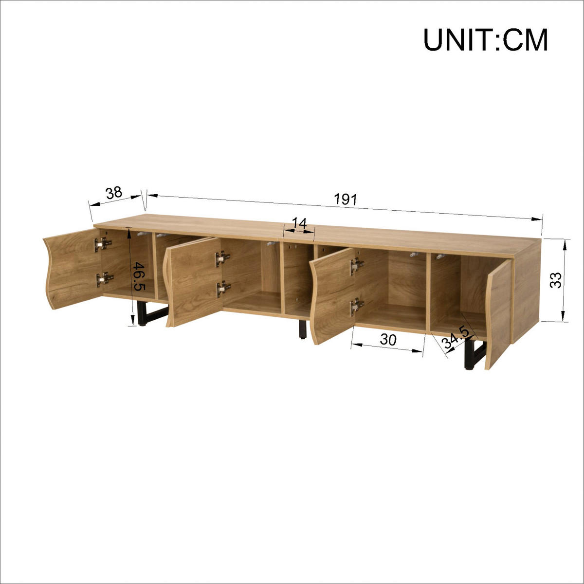 TV Lowboard 191x38x46,5 cm, 5 Türen, Natur - Braun, Holz (191/33/38cm)