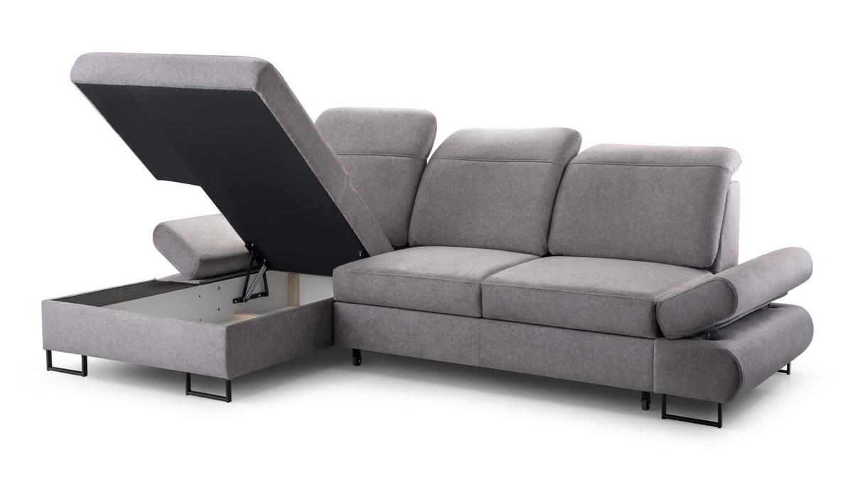 ECKSOFA NANO Grau Velours-Stoff mit Schlaffunktion - Grau, Holz (265/156cm) - MASSENO