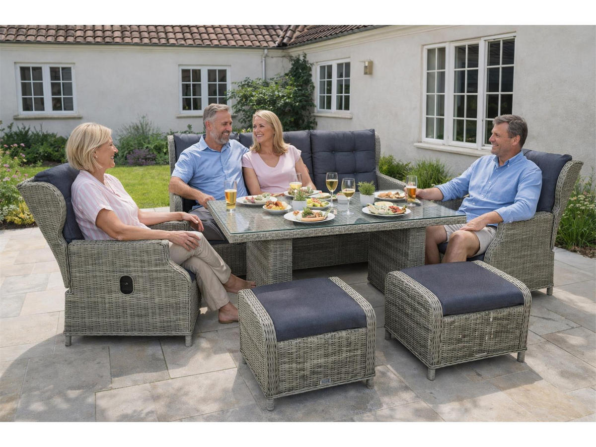 DININGLOUNGE-SET Bilbao 7 Personen Polyrattan braun-meliert, 3-Sitzer-Sofa, 2 Sessel, 2 Hocker, Esstisch 146 x 83 cm, Aluminium - Braun, Naturmaterialien - Green Spirit