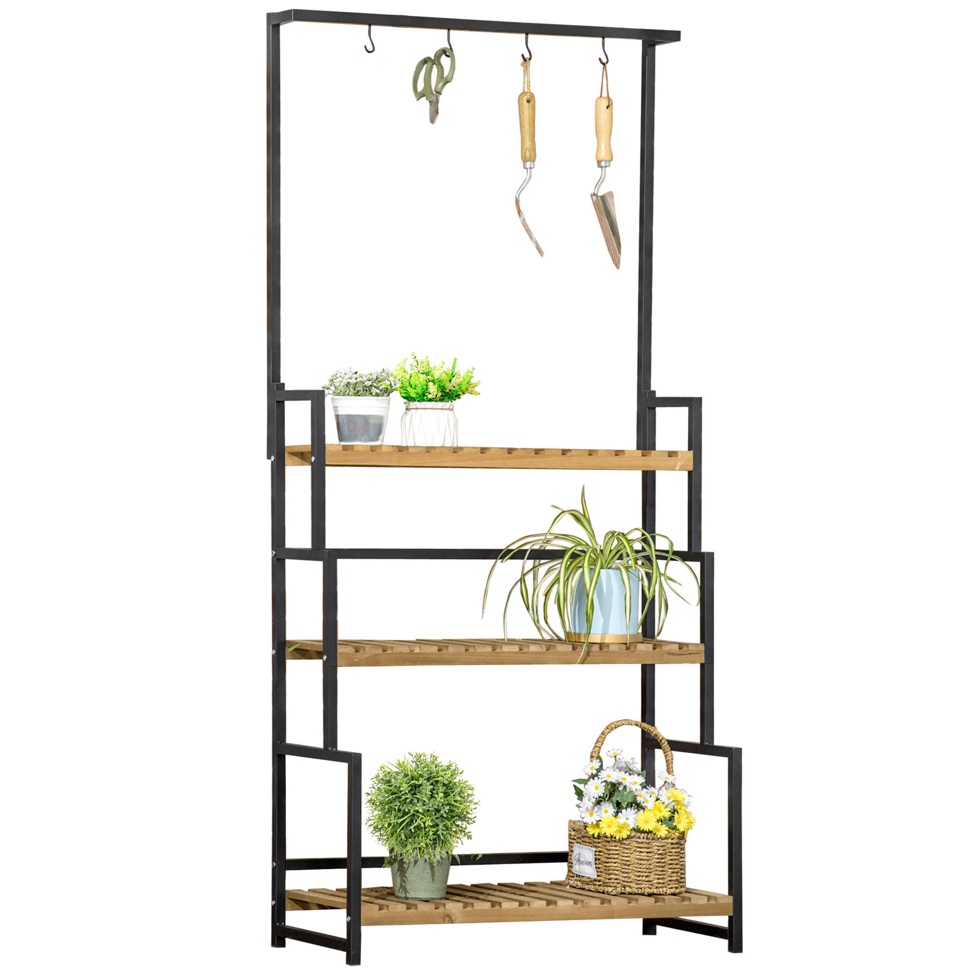 PFLANZENREGAL, Tannenholz, Eisen, Schwarz+Natur - Multicolor, Holz (36/174/80cm) - Outsunny