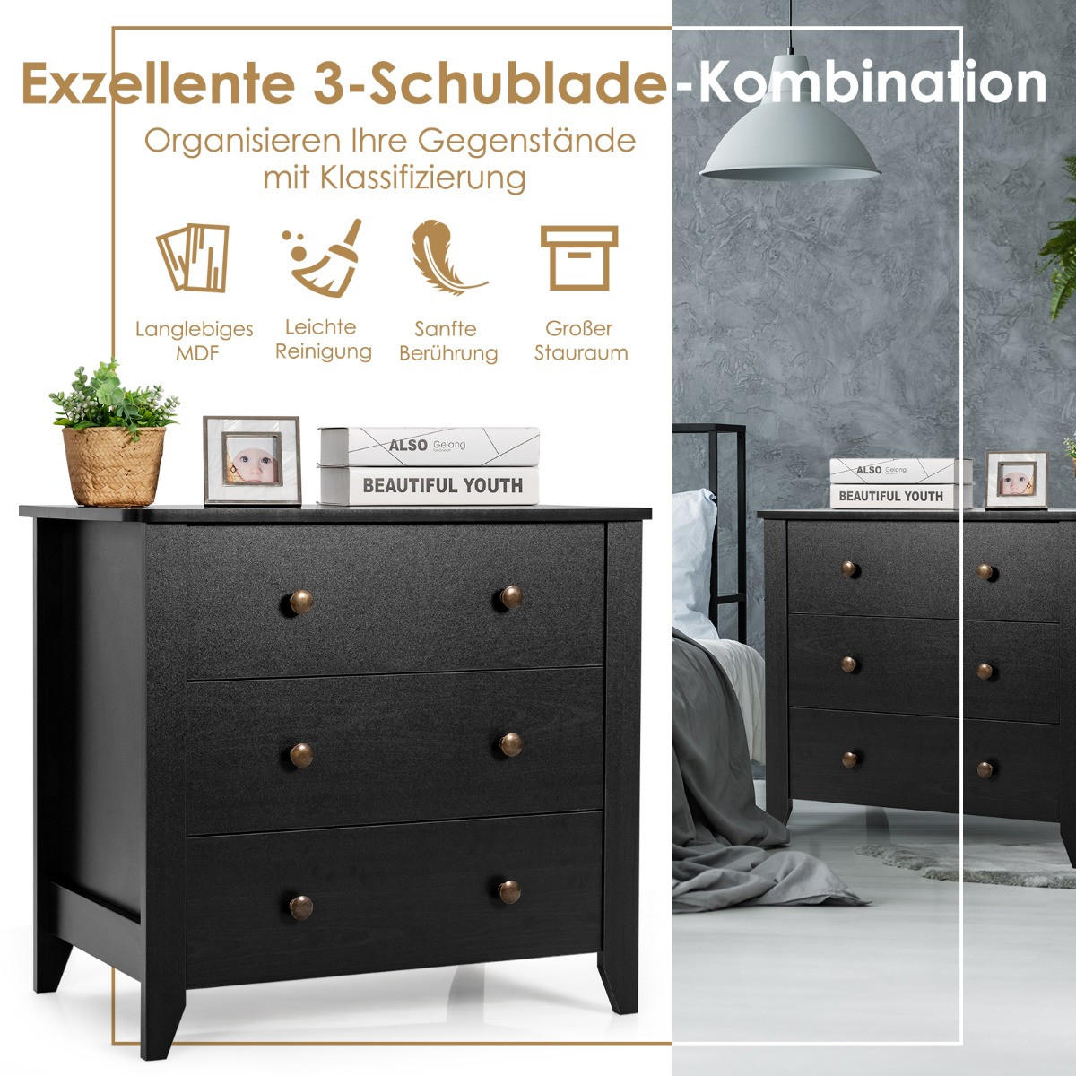 NACHTTISCH Schwarz Holzwerkstoff 71/46/66 cm - Schwarz, Holzwerkstoff (71/66/46cm) - Gemütlich Home