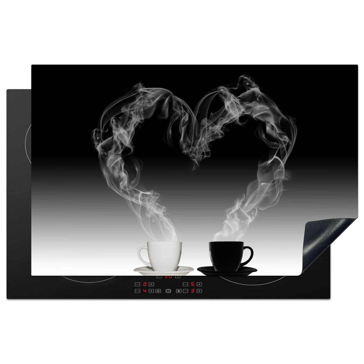 HERDABDECKPLATTE Kaffee - Herz - Schwarz und weiß - Tassen 81x52 cm - Weiß, Kunststoff (81.6/0.2/52.7cm) - MuchoWow