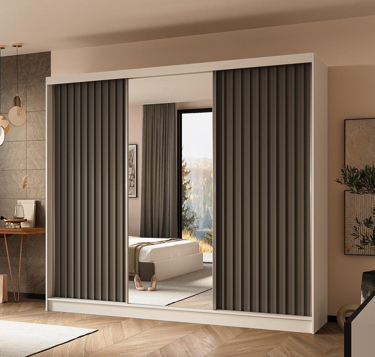 SCHWEBETÜRENSCHRANK Cabinio Weiß Grau 240/216/61 cm – mit Spiegel und Lamellen - Weiß/Grau, Holzwerkstoff/Kunststoff (240/216/61cm) - AX Living