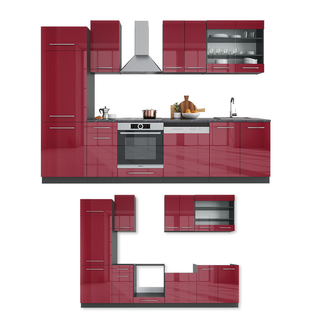 KÜCHENZEILE Fame-Line Bordeaux Hochglanz/Anthrazit 300 cm ohne AP - Bordeaux/Anthrazit, Holzwerkstoff (300/81.6/46cm) - Vicco