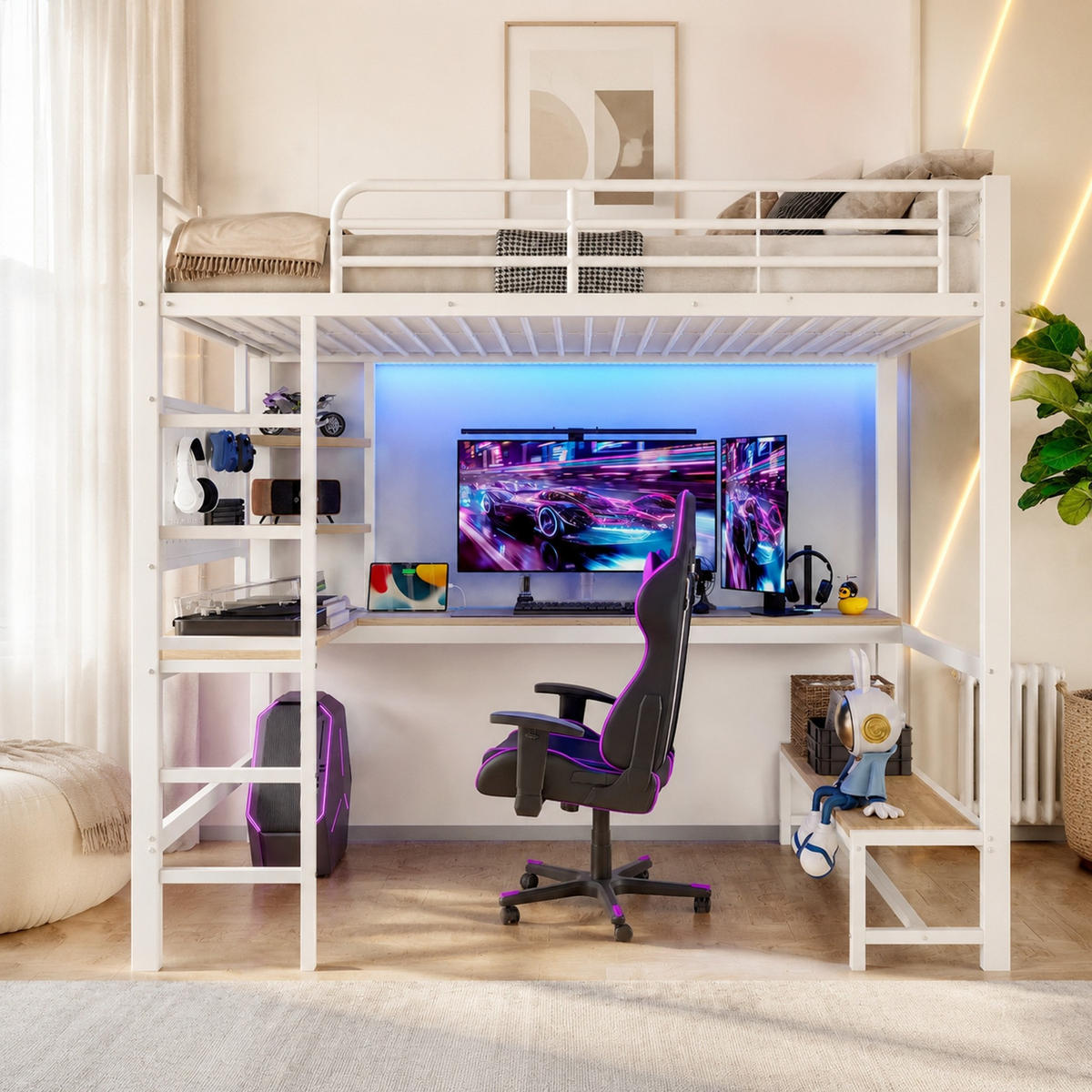 HOCHBETT 90/200 mit LED Schreibtisch USB Type-C und Lochbrett in Weiß - Weiß, Holz/Holzwerkstoff (90/200cm) - EVRYAE