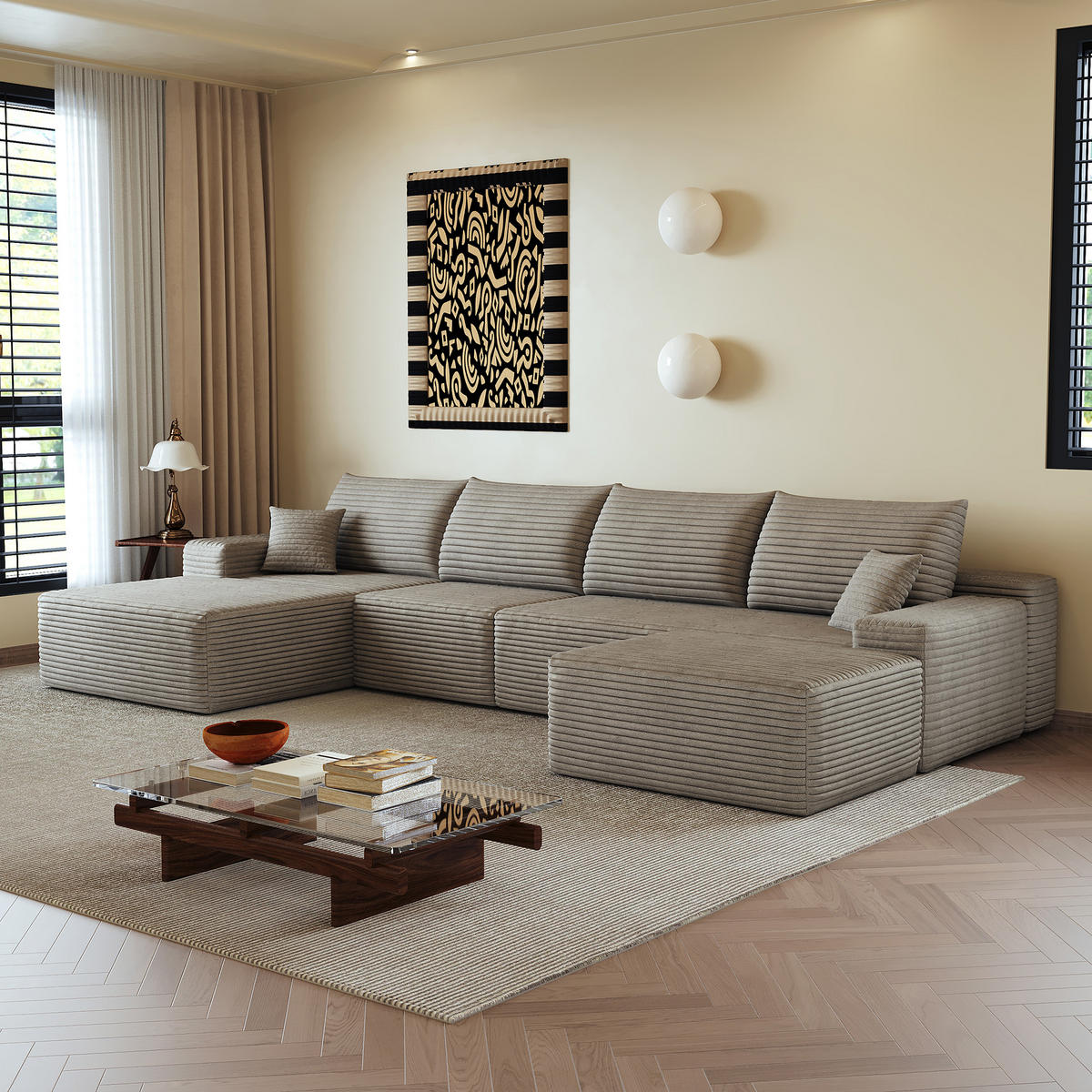 WOHNLANDSCHAFT DE-34857 U-Form 3-Sitzer Chaiselongue links Camel - Sandfarben, Textil (175/83/270cm) - ComfortXL