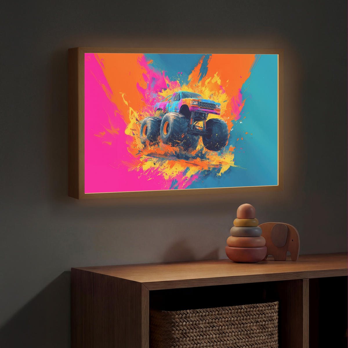 NÁSTĚNNÁ LAMPA S AKUMULÁTOREM Monster truck - Abstraktní - Stříkající barva - Barevné 60x40 cm - růžová, kompozitní dřevo (60/40/8cm) - OnlyWow
