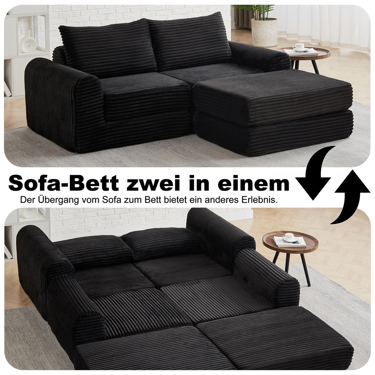 SCHLAFSOFA, Cord mit modularer Fußstütze, als Sofa & Bett, 243/194/53 cm, Schwarz - Schwarz, Textil (243/53/194cm) - Redom