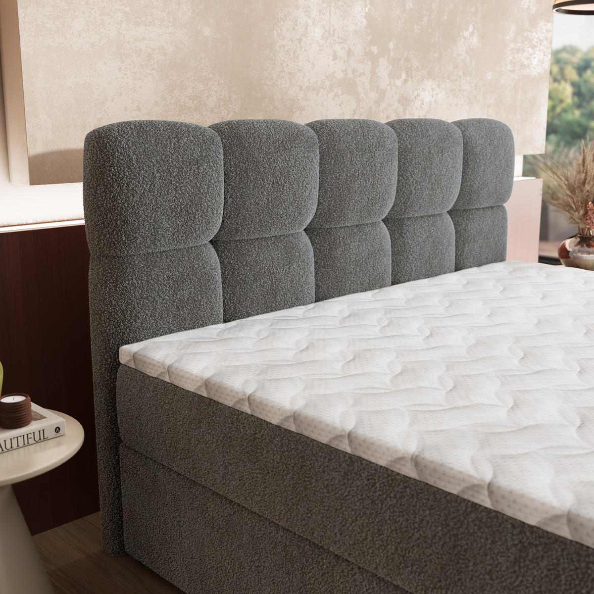 BOXBETT MERU 160x200 cm mit Matratze und Topper - Grau - Grau, Holz (160/200cm) - MASSENO